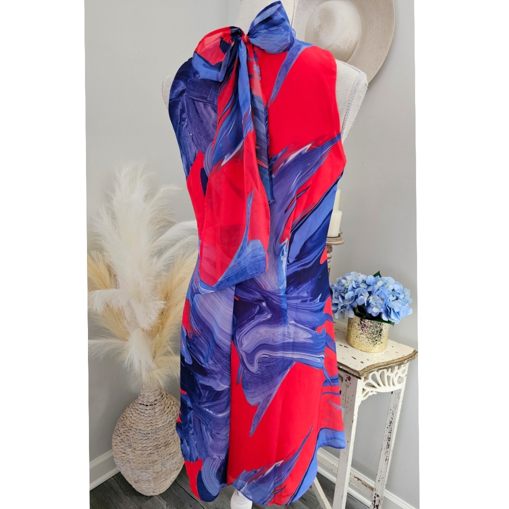 Robbie Bee Red Blue Floral Print Bow Tie Neck A-Line Halter Dress